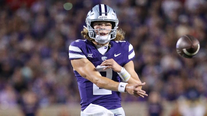 Sep 13, 2024; Manhattan, Kansas, USA; Kansas State Wildcats quarterback Avery Johnson (2) passes the ball during the fourth quarter against the Arizona Wildcats at Bill Snyder Family Football Stadium. Mandatory Credit: Scott Sewell-Imagn Images