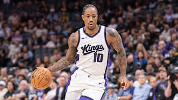 Oct 9, 2024; Sacramento, California, USA; Sacramento Kings forward DeMar DeRozan (10) controls the ball against the Golden State Warriors during the first quarter at Golden 1 Center. Mandatory Credit: Ed Szczepanski-Imagn Images