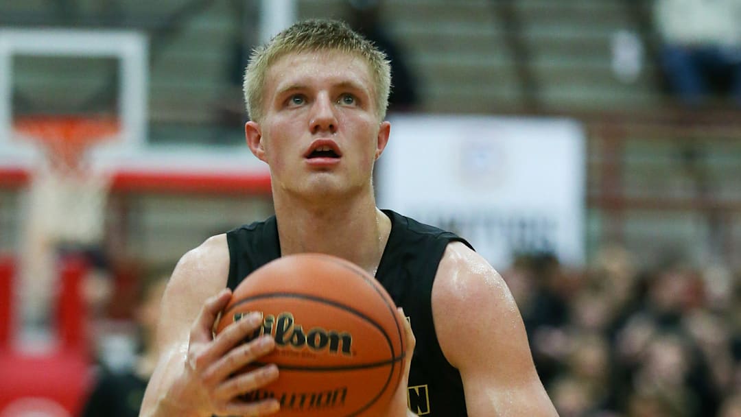 Mt. Vernon's Luke Ertel (12) at the free throw line in the IHSAA Class 4A Boys Basketball Southport Regional, Mar 15, 2025.
