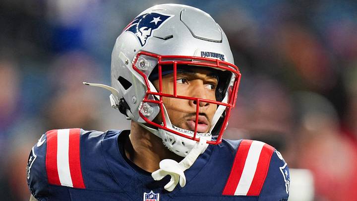 Jan 11, 2026; Foxborough, MA, USA; New England Patriots running back Treveyon Henderson (32) looks on before the game against the Los Angeles Chargers in an AFC Wild Card Round game at Gillette Stadium. Mandatory Credit: David Butler II-Imagn Images