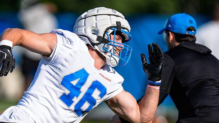 Detroit Lions linebacker Jack Campbell (46) practices during training camp at Meijer Performance Center