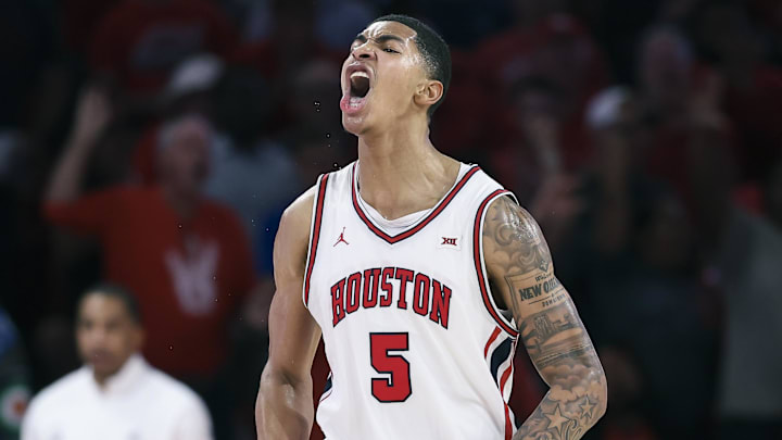 Jan 6, 2026; Houston, Texas, USA; Houston Cougars center Chris Cenac Jr. (5) reacts after a play during the second half against the Texas Tech Red Raiders at Fertitta Center. Mandatory Credit: Troy Taormina-Imagn Images