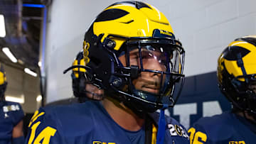 Jan 8, 2024; Houston, TX, USA; Michigan Wolverines defensive back Kody Jones (14) against the Washington Huskies during the 2024 College Football Playoff national championship game at NRG Stadium. Mandatory Credit: Mark J. Rebilas-Imagn Images
