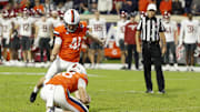 Oct 18, 2025; Charlottesville, Virginia, USA; Virginia Cavaliers kicker Will Bettridge (41) makes a game-tying field goal against the Washington State Cougars in the final minutes in the fourth quarter at Scott Stadium. Mandatory Credit: Geoff Burke-Imagn Images