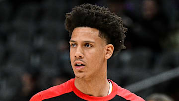 Jalen Johnson #1 of the Atlanta Hawks warms up before facing the Detroit Pistons.