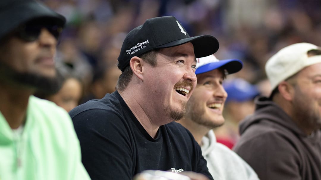 Nov 2, 2024; Philadelphia, Pennsylvania, USA; Comedian Shane Gillis (M) looks on during the second quarter of action between the Philadelphia 76ers and the Memphis Grizzlies at Wells Fargo Center. Mandatory Credit: Bill Streicher-Imagn Images Nov 2, 2024; Philadelphia, Pennsylvania, USA; Comedian Shane Gillis (M) looks on during the second quarter of action between the Philadelphia 76ers and the Memphis Grizzlies at Wells Fargo Center. Mandatory Credit: Bill Streicher-Imagn Images