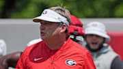 Georgia coach Kirby Smart looks on at the first day of fall practice in Athens, Georgia, on Thursday, July 31, 2025.