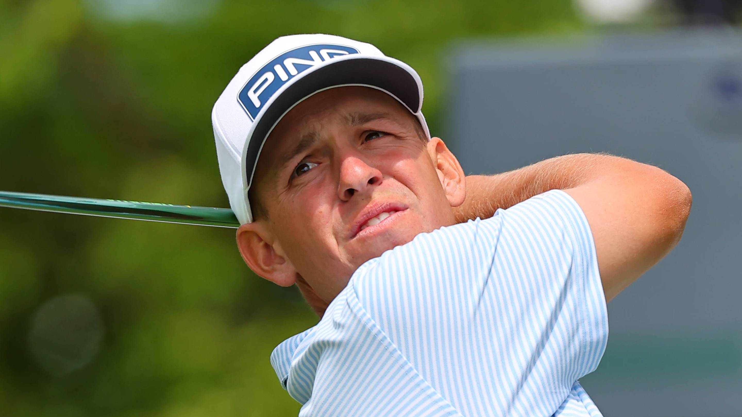 Sam Stevens of the United States tees off at the tenth tee during round 1 of the 2026 PGA.