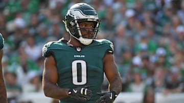 Oct 13, 2024; Philadelphia, Pennsylvania, USA; Philadelphia Eagles defensive end Bryce Huff (0) against the Cleveland Browns at Lincoln Financial Field. Mandatory Credit: Eric Hartline-Imagn Images