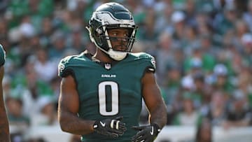 Oct 13, 2024; Philadelphia, Pennsylvania, USA; Philadelphia Eagles defensive end Bryce Huff (0) against the Cleveland Browns at Lincoln Financial Field.