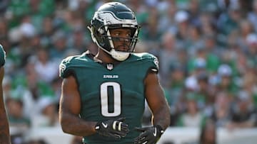 Oct 13, 2024; Philadelphia, Pennsylvania, USA; Philadelphia Eagles defensive end Bryce Huff (0) against the Cleveland Browns at Lincoln Financial Field. Mandatory Credit: Eric Hartline-Imagn Images