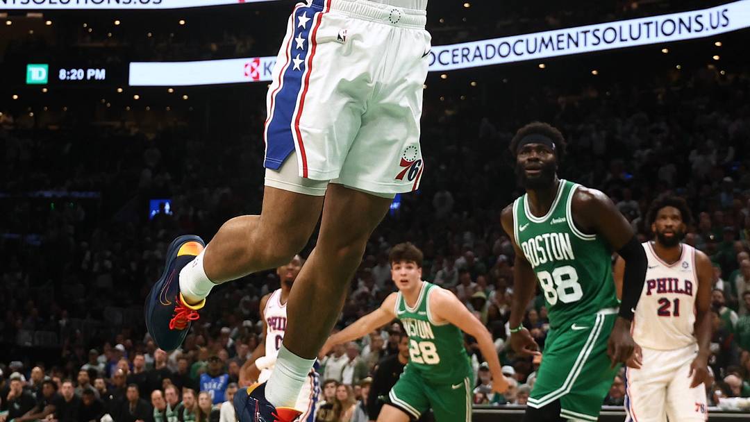 May 2, 2026; Boston, Massachusetts, USA; Philadelphia 76ers guard Quentin Grimes (5) goes in for the dunk against the Boston Celtics during the second quarter of game seven of the first round of the 2026 NBA Playoffs at TD Garden. Mandatory Credit: Winslow Townson-Imagn Images