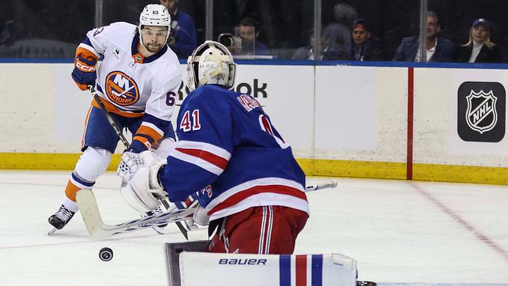 Sep 22, 2026; New York, New York, USA; New York Rangers goaltender Spencer Martin (41) defends against a shot on goal attempt by New York Islanders forward Matias Maccelli (63) in the third period at Madison Square Garden. Mandatory Credit: Wendell Cruz-Imagn Images Sep 22, 2026; New York, New York, USA; New York Rangers goaltender Spencer Martin (41) defends against a shot on goal attempt by New York Islanders forward Matias Maccelli (63) in the third period at Madison Square Garden. Mandatory Credit: Wendell Cruz-Imagn Images
