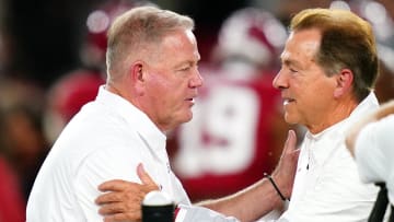 Nov 4, 2023; Tuscaloosa, Alabama, USA; Alabama Crimson Tide head coach Nick Saban greets LSU Tigers head coach Brian Kelly midfield before their game at Bryant-Denny Stadium. Mandatory Credit: John David Mercer-USA TODAY Sports