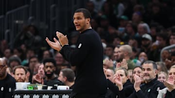 Nov 1, 2025; Boston, Massachusetts, USA; Boston Celtics head coach Joe Mazzulla reacts during the first half against the Houston Rockets at TD Garden. Mandatory Credit: Paul Rutherford-Imagn Images