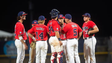 Ole Miss baseball coach Mike Bianco heads to the mound to change pitchers again after Mississippi State scored four runs in the eighth inning at Trustmark Perk in Pearl, Miss., Wednesday, May 1, 2024.