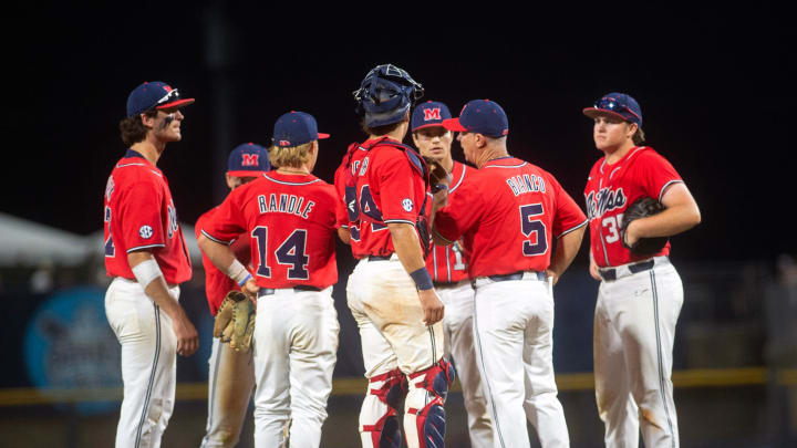 Ole Miss baseball coach Mike Bianco heads to the mound to change pitchers again after Mississippi State scored four runs in the eighth inning at Trustmark Perk in Pearl, Miss., Wednesday, May 1, 2024.