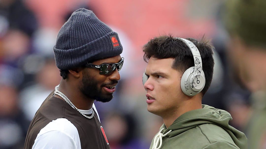 Browns quarterbacks Shedeur Sanders and Dillon Gabriel talk before a game, Nov. 16, 2025. Browns quarterbacks Shedeur Sanders and Dillon Gabriel talk before a game, Nov. 16, 2025.