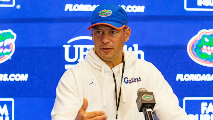 Florida head coach Jon Sumrall speaks after spring practice at Sanders Practice Fields in Gainesville, FL on Tuesday, April 7, 2026. [Alan Youngblood/Gainesville Sun]