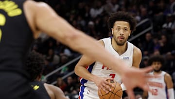 Dec 21, 2023; Detroit, Michigan, USA;  Detroit Pistons guard Cade Cunningham (2) looks to pass in