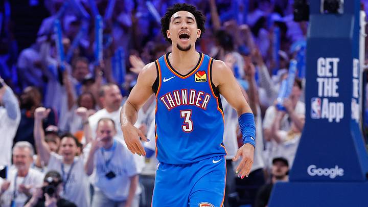 May 20, 2026; Oklahoma City, Oklahoma, USA; Oklahoma City Thunder guard Jared McCain (3) reacts to a play during the fourth quarter against the San Antonio Spurs during game two of the western conference finals for the 2026 NBA playoffs at Paycom Center. Mandatory Credit: Alonzo Adams-Imagn Images