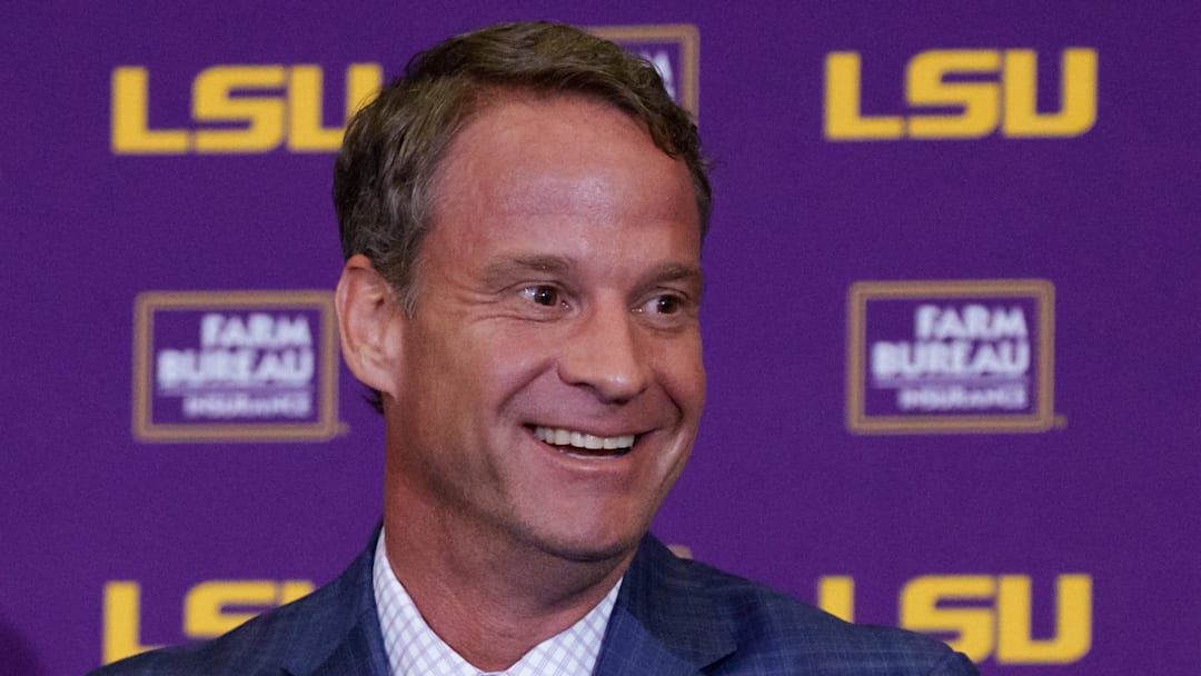 Dec 1, 2025; Baton Rouge, LA, USA; LSU new head coach Lane Kiffin speaks at South Stadium Club at Tiger Stadium. Mandatory Credit: Matthew Hinton-Imagn Images