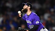 May 27, 2025; Chicago, Illinois, USA; Colorado Rockies pitcher Jake Bird (59) pitches during a game against the Chicago Cubs at Wrigley Field. Mandatory Credit: Patrick Gorski-Imagn Images