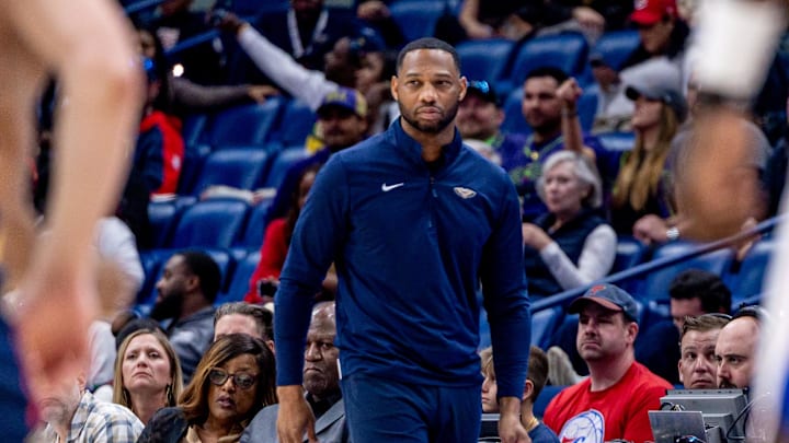 Mar 24, 2025; New Orleans, Louisiana, USA;  New Orleans Pelicans head coach Willie Green looks on against the Philadelphia 76ers during the second half at Smoothie King Center. Mandatory Credit: Stephen Lew-Imagn Images