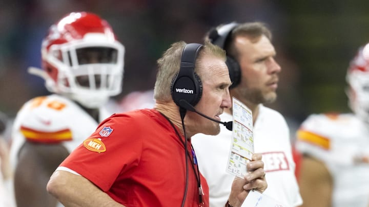 Feb 9, 2025; New Orleans, LA, USA;  Kansas City Chiefs defensive coordinator Steve Spagnuolo against the Philadelphia Eagles in Super Bowl LIX at Ceasars Superdome. Mandatory Credit: Mark J. Rebilas-Imagn Images