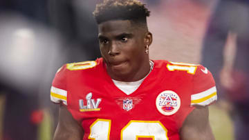 Former Kansas City Chiefs wide receiver Tyreek Hill (10) reacts after losing to the Tampa Bay Buccaneers in Super Bowl LV at Raymond James Stadium. 