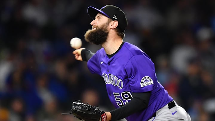 May 27, 2025; Chicago, Illinois, USA; Colorado Rockies pitcher Jake Bird (59) pitches during a game against the Chicago Cubs at Wrigley Field.