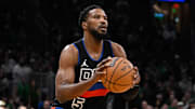 Dec 12, 2024; Boston, Massachusetts, USA;  Detroit Pistons guard Malik Beasley (5) shoots the ball against the Boston Celtics during the first half at TD Garden. Mandatory Credit: Eric Canha-Imagn Images