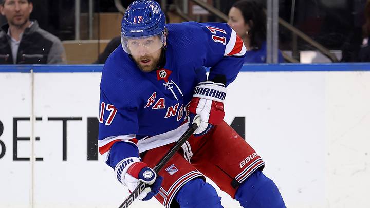 Feb 12, 2024; New York, New York, USA; New York Rangers right wing Blake Wheeler (17) skates with the puck against the Calgary Flames during the first period at Madison Square Garden. Mandatory Credit: Brad Penner-USA TODAY Sports Feb 12, 2024; New York, New York, USA; New York Rangers right wing Blake Wheeler (17) skates with the puck against the Calgary Flames during the first period at Madison Square Garden. Mandatory Credit: Brad Penner-USA TODAY Sports