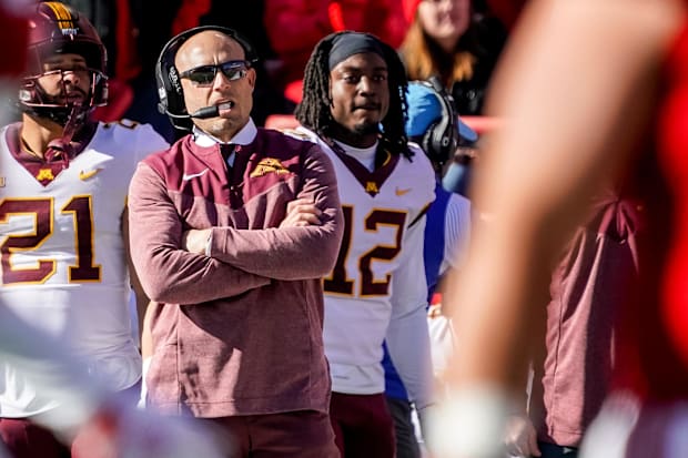 Minnesota Golden Gophers head coach P.J. Fleck looks on from the sideline