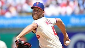 Jul 6, 2025; Philadelphia, Pennsylvania, USA; Philadelphia Phillies pitcher Zack Wheeler (45) throws a pitch during the second inning against the Cincinnati Reds at Citizens Bank Park.