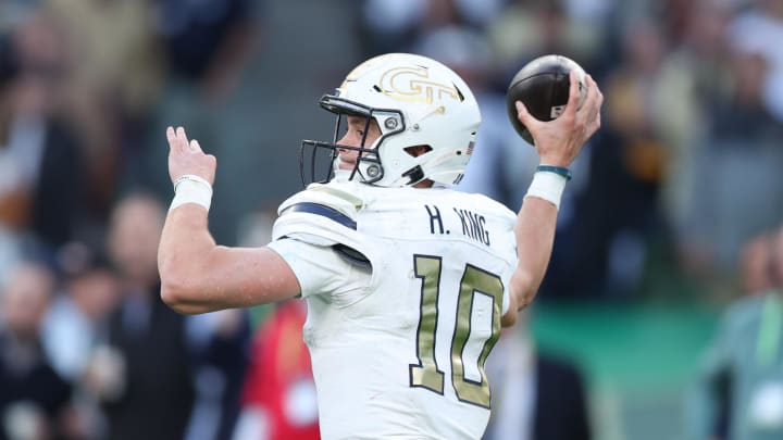 Aug 24, 2024; Dublin, IRL; Georgia Tech quarterback Haynes King passes the ball against Florida State at Aviva Stadium. Mandatory Credit: Tom Maher/INPHO via USA TODAY Sports