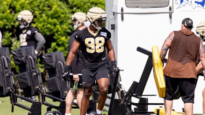 May 11, 2024; New Orleans, LA, USA;  New Orleans Saints defensive end Roje Stona (98) looks on during the rookie minicamp at the Ochsner Sports Performance Center. Mandatory Credit: Stephen Lew-USA TODAY Sports