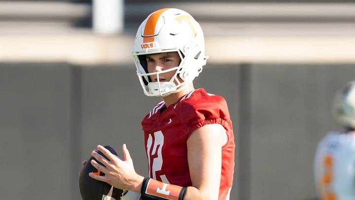 Tennessee quarterback George MacIntyre (12) during Tennessee football’s first preseason practice in Knoxville, Tennessee, Aug. 5, 2026.