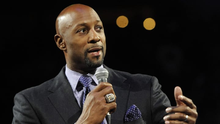 Feb 5, 2016; Charlotte, NC, USA; Former Charlotte Hornet Alonzo Mourning (33) is honored for his years with the team during halftime at the game against the Miami Heat at Time Warner Cable Arena. Heat win 98-95. Mandatory Credit: Sam Sharpe-USA TODAY Sports