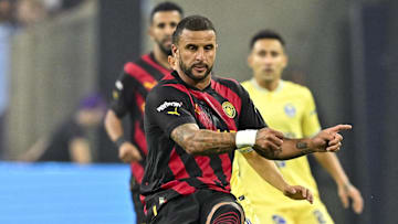 Jul 20, 2022; Houston, TX, USA; Manchester City defender Kyle Walker (2) kicks the ball during the first half against Club America at NRG Stadium. Mandatory Credit: Maria Lysaker-Imagn Images