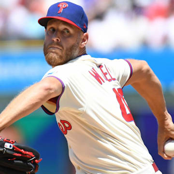 Jul 6, 2025; Philadelphia, Pennsylvania, USA; Philadelphia Phillies pitcher Zack Wheeler (45) throws a pitch during the second inning against the Cincinnati Reds at Citizens Bank Park.