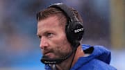 Nov 30, 2025; Charlotte, North Carolina, USA; Los Angeles Rams head coach Sean McVay looks on during the third quarter against the Carolina Panthers at Bank of America Stadium. Mandatory Credit: Scott Kinser-Imagn Images