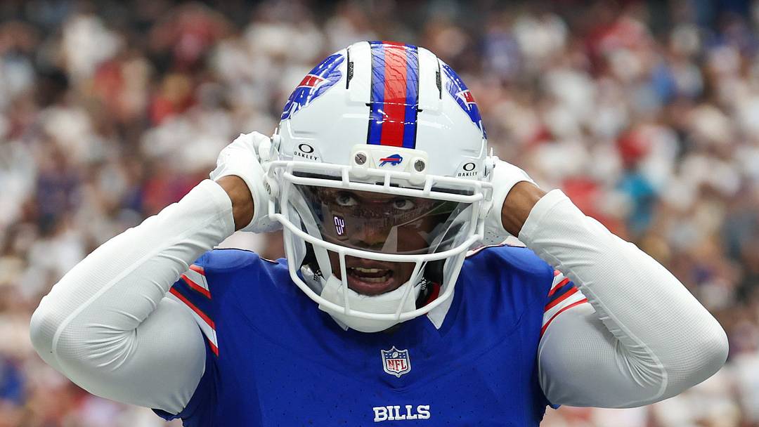 Sep 13, 2026; Houston, Texas, USA; Buffalo Bills wide receiver Joshua Palmer (5) reacts to his touchdown reception against the Houston Texans in the second half at Reliant Stadium. Mandatory Credit: Thomas Shea-Imagn Images