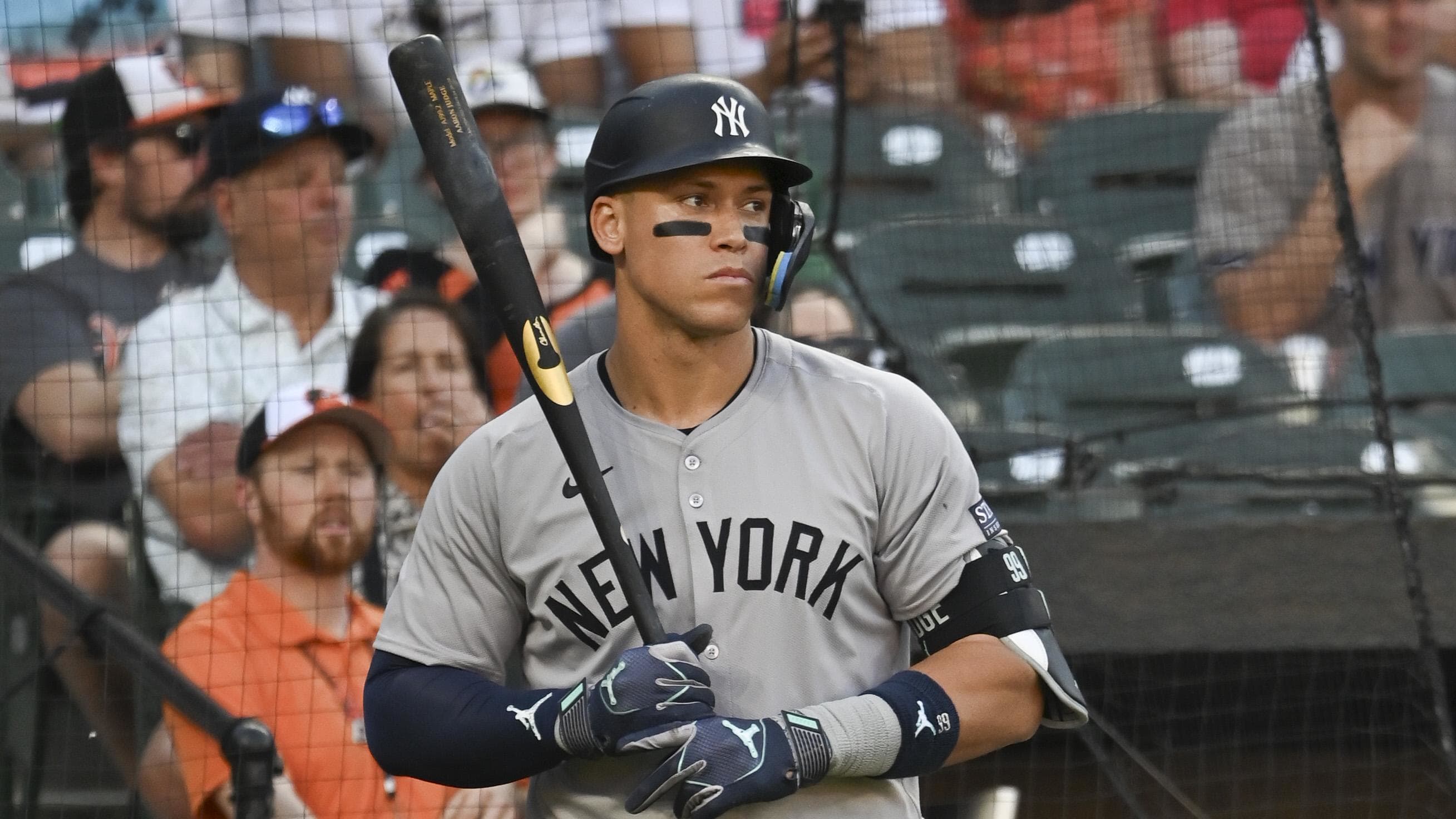  New York Yankees outfielder Aaron Judge (99) awaits a pitch against the Orioles.