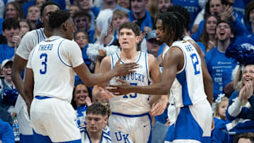 Kentucky Wildcats celebrate Reed Sheppardâ€™s (15) play during their game against the Gonzaga Bulldogs on Saturday, Feb. 10, 2024 at Rupp Arena.