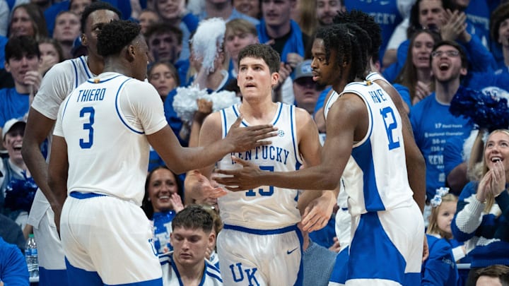 Kentucky Wildcats celebrate Reed Sheppardâ€™s (15) play during their game against the Gonzaga Bulldogs on Saturday, Feb. 10, 2024 at Rupp Arena.