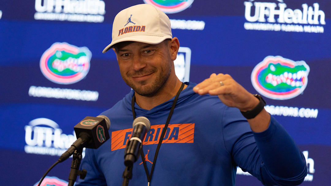 Florida head football coach Jon Sumrall speaks during a press conference after spring practice at Sanders Practice Fields in Gainesville, FL on Tuesday, March 24, 2026. [Alan Youngblood/Gainesville Sun]