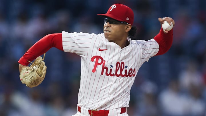 Sep 24, 2025; Philadelphia, Pennsylvania, USA; Philadelphia Phillies pitcher Jesus Luzardo (44) throws a pitch during the first inning against the Miami Marlins at Citizens Bank Park. Mandatory Credit: Bill Streicher-Imagn Images
