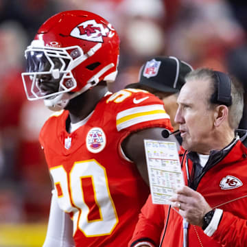 Jan 26, 2025; Kansas City, MO, USA; Kansas City Chiefs defensive coordinator Steve Spagnuolo against the Buffalo Bills in the AFC Championship game at GEHA Field at Arrowhead Stadium. Mandatory Credit: Mark J. Rebilas-Imagn Images