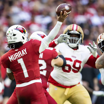 Jan 5, 2025; Glendale, Arizona, USA; Arizona Cardinals quarterback Kyler Murray (1) against the San Francisco 49ers at State Farm Stadium. 